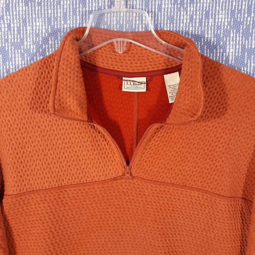 L.L. Bean Sweater Mens XL Tall Orange Pullover 1/4 Zip Waffle Knit Mock Neck